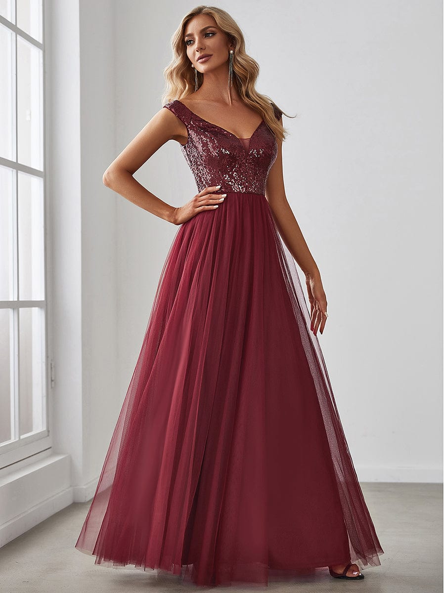 Stunning High Waist Tulle & Sequin Sleevless Evening Dress #color_Burgundy