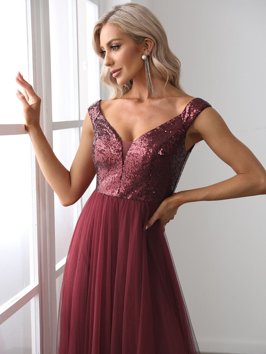 Stunning High Waist Tulle & Sequin Sleevless Evening Dress #color_Burgundy