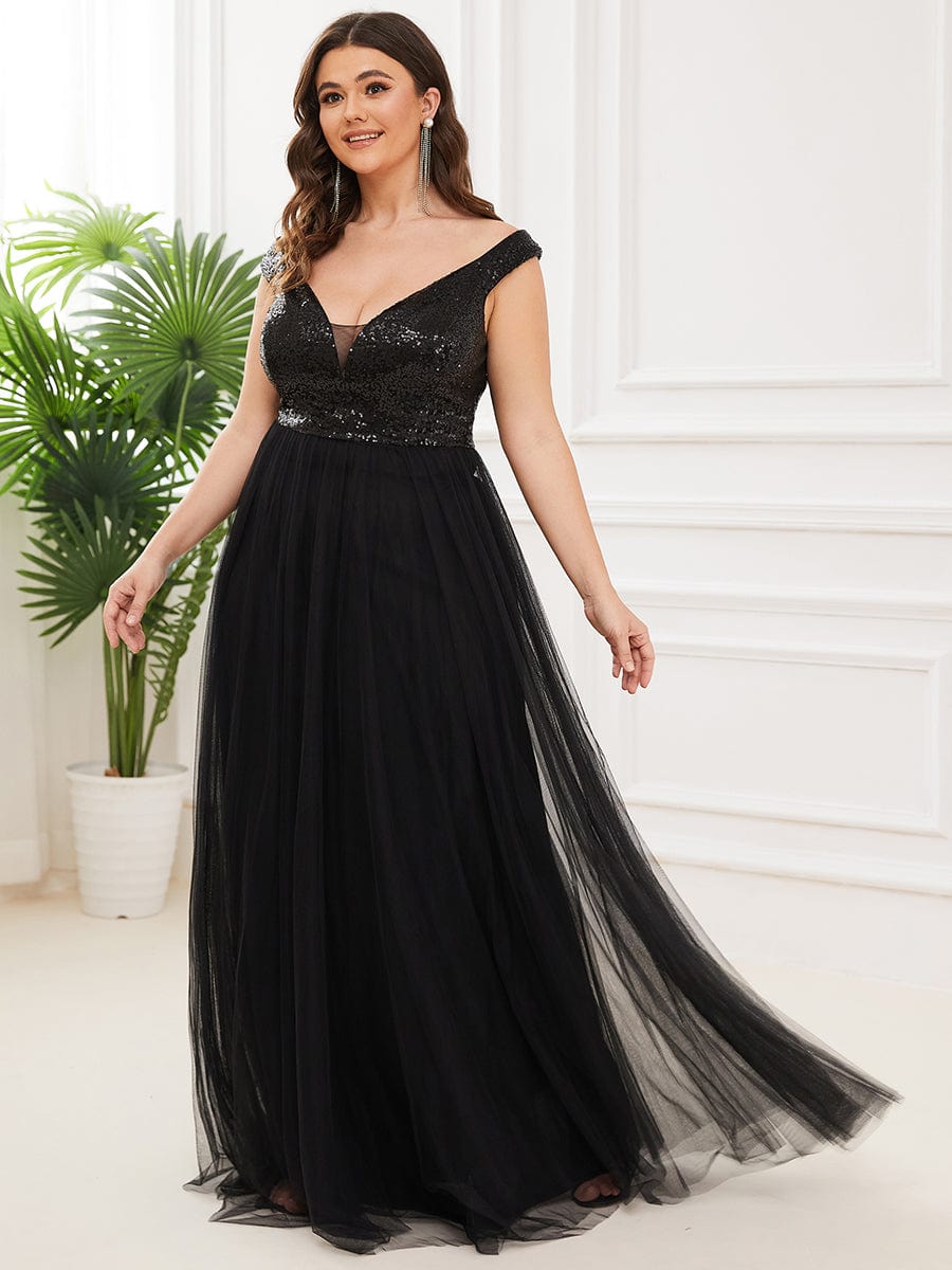 Plus Size Stunning High Waist Tulle & Sequin Sleeveless Evening Dress #color_Black