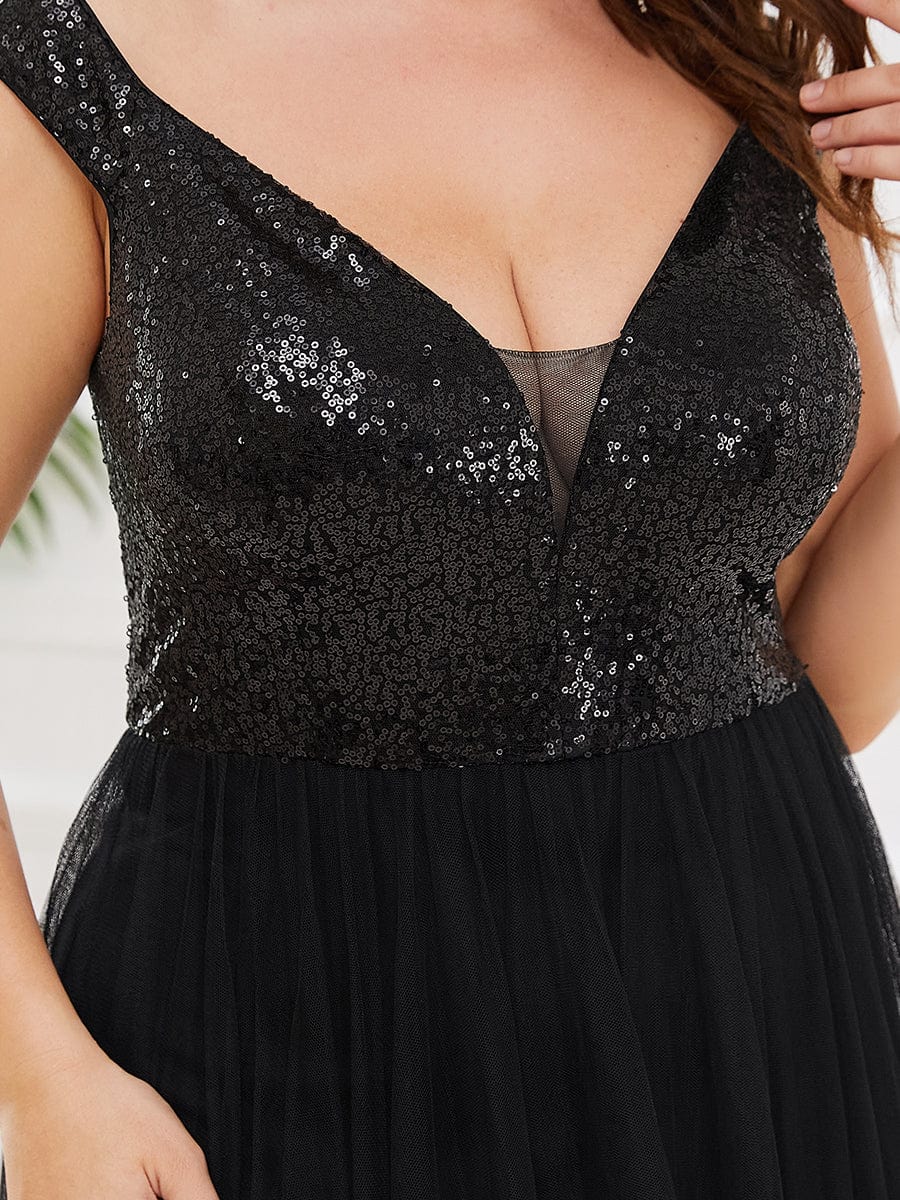 Plus Size Stunning High Waist Tulle & Sequin Sleeveless Evening Dress #color_Black