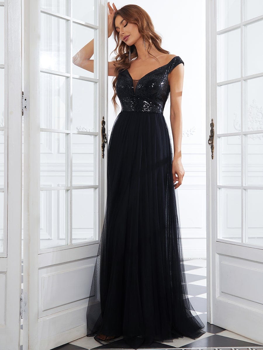 Stunning High Waist Tulle & Sequin Sleevless Evening Dress #color_Black