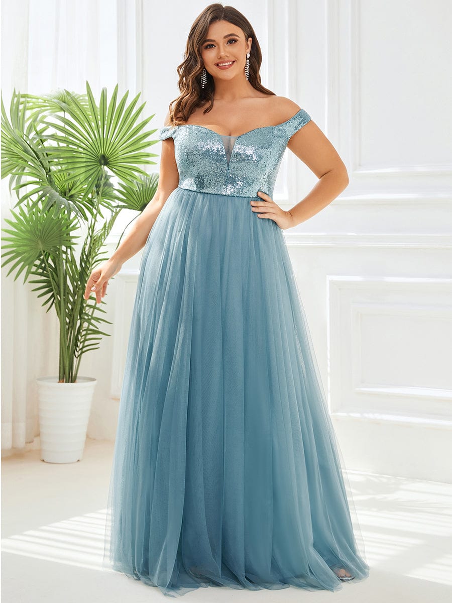 Stunning High Waist Tulle & Sequin Sleevless Evening Dress #color_Dusty Blue