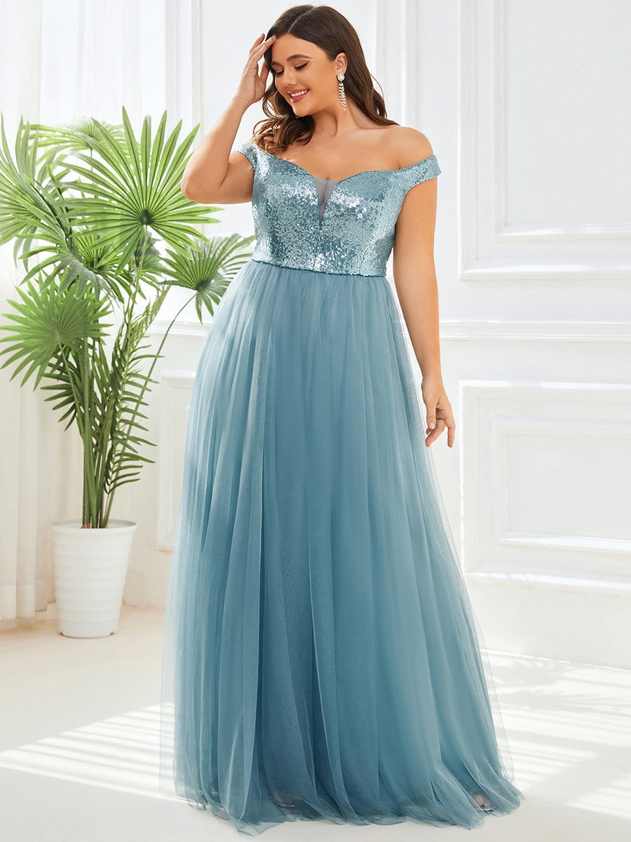 Plus Size Stunning High Waist Tulle & Sequin Sleeveless Evening Dress #color_Dusty Blue