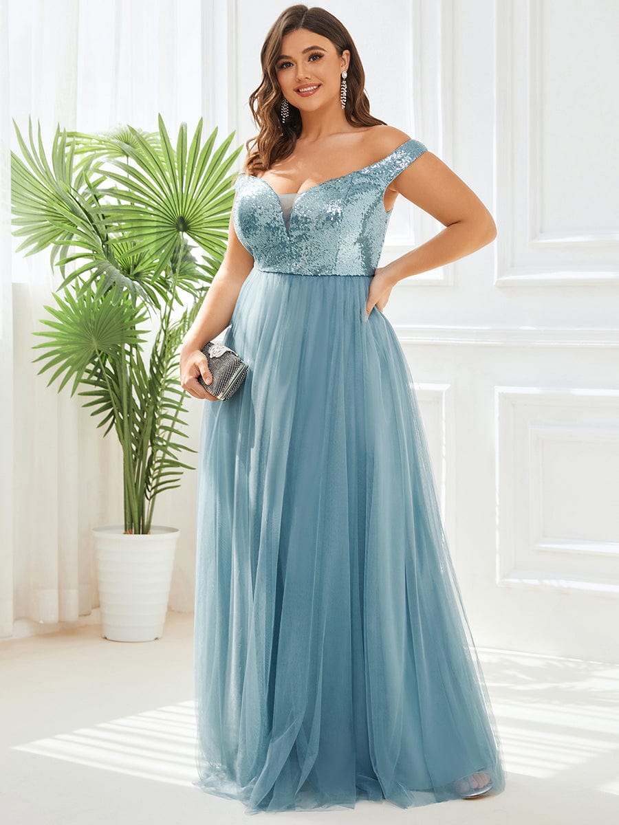 Plus Size Stunning High Waist Tulle & Sequin Sleeveless Evening Dress #color_Light Teal