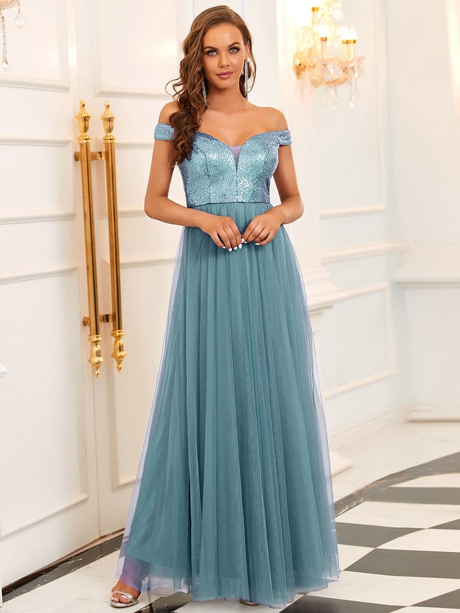 Stunning High Waist Tulle & Sequin Sleevless Evening Dress #color_Light Teal