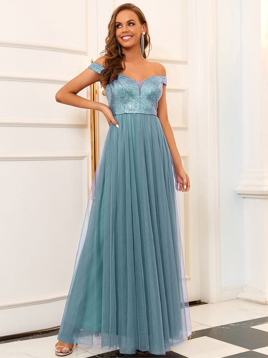 Stunning High Waist Tulle & Sequin Sleevless Evening Dress #color_Dusty Blue