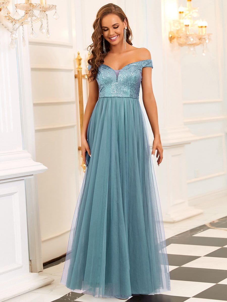 Stunning High Waist Tulle & Sequin Sleevless Evening Dress #color_Dusty Blue