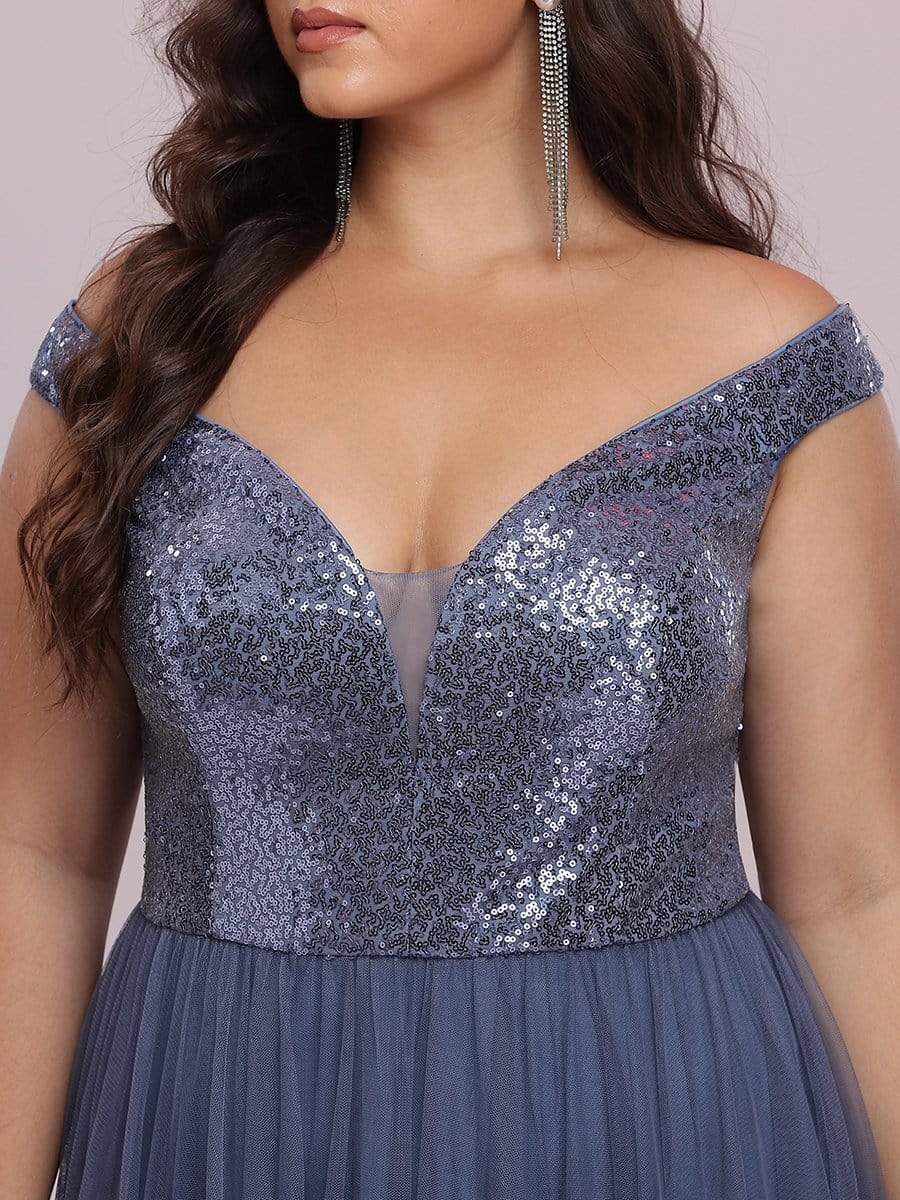 Stunning High Waist Tulle & Sequin Sleevless Evening Dress #color_Dusty Navy