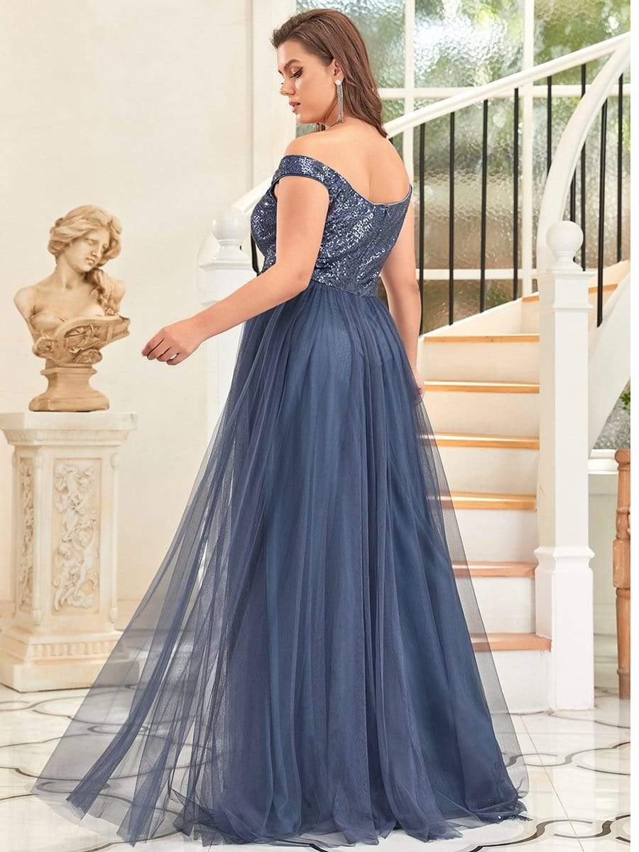 Plus Size Stunning High Waist Tulle & Sequin Sleeveless Evening Dress #color_Dusty Blue