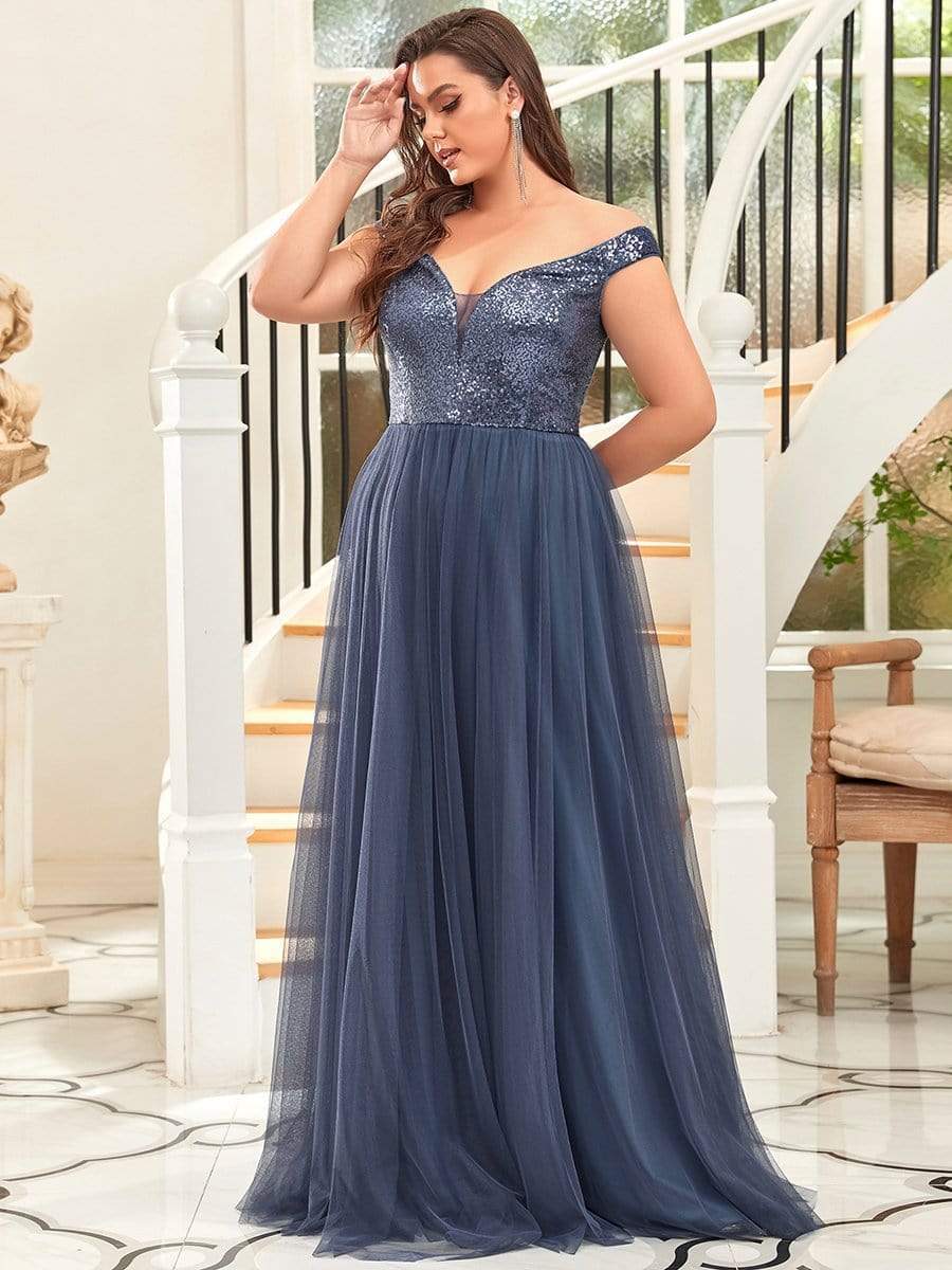 Plus Size Stunning High Waist Tulle & Sequin Sleeveless Evening Dress #color_Dusty Navy