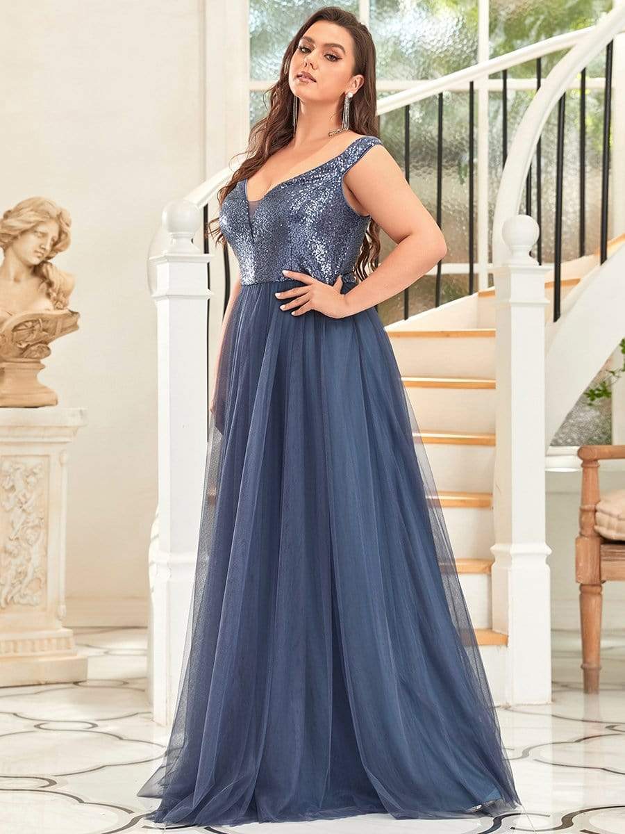 Plus Size Stunning High Waist Tulle & Sequin Sleeveless Evening Dress #color_Dusty Navy