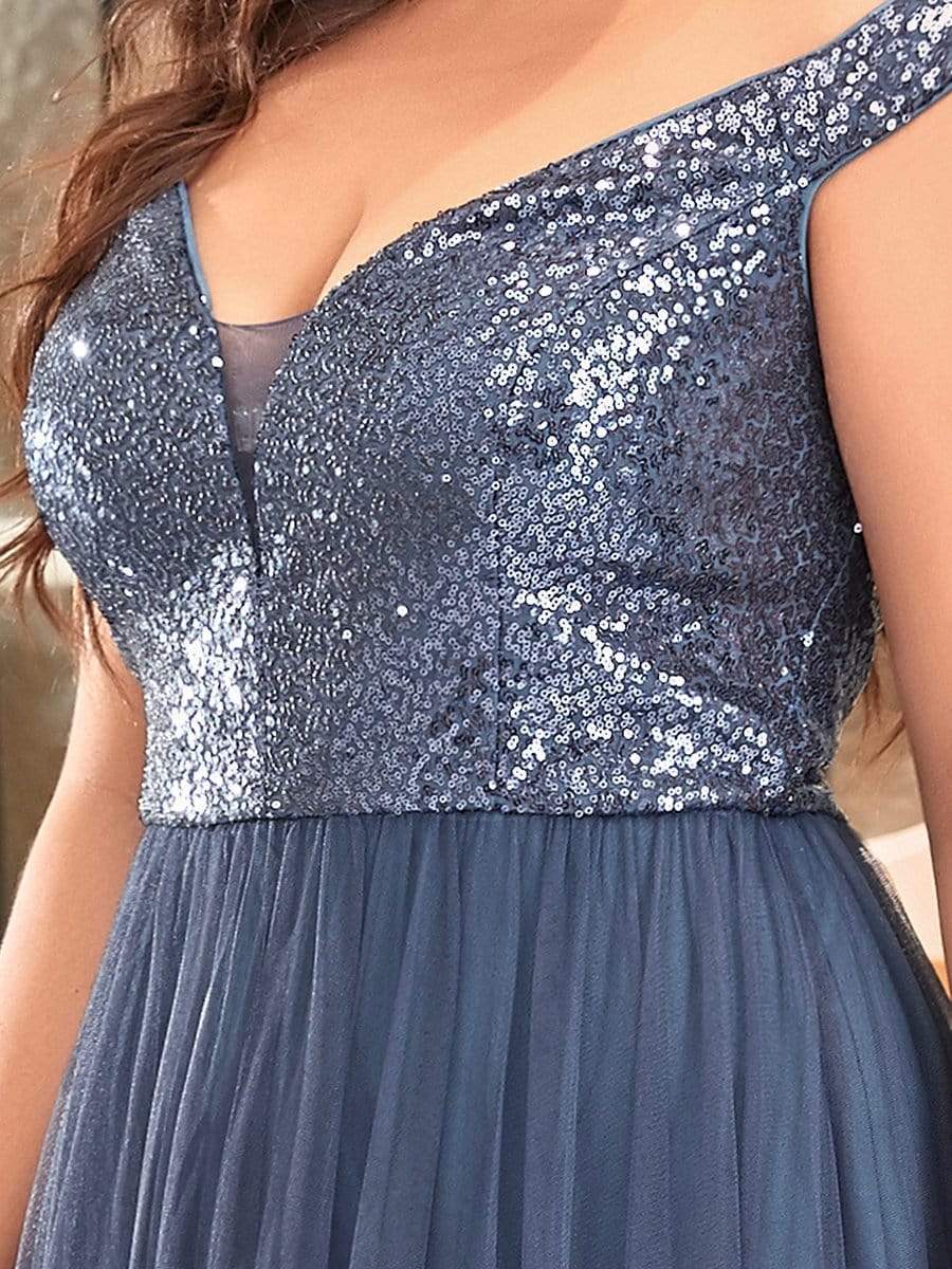 Plus Size Stunning High Waist Tulle & Sequin Sleeveless Evening Dress #color_Dusty Blue