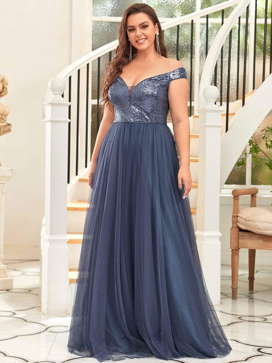 Plus Size Stunning High Waist Tulle & Sequin Sleeveless Evening Dress #color_Dusty Blue