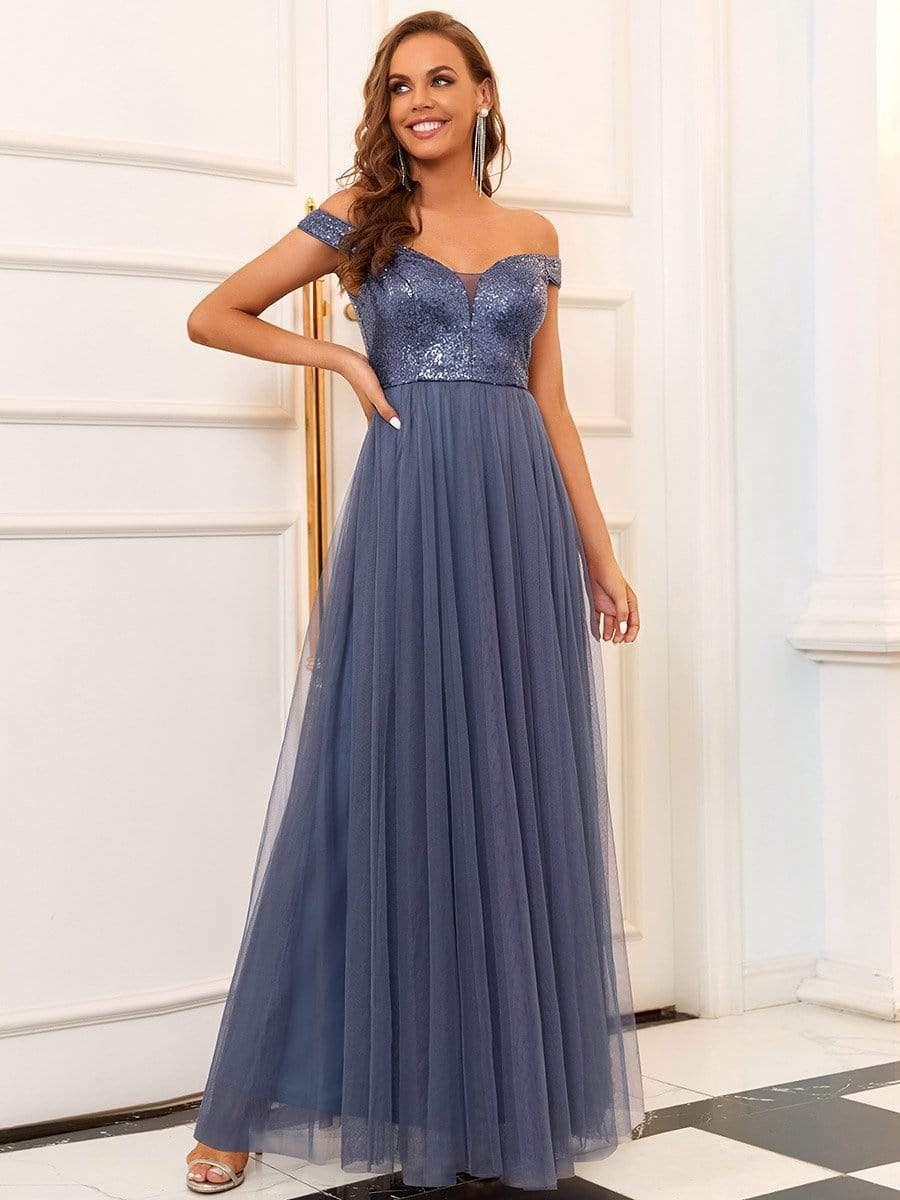 Stunning High Waist Tulle & Sequin Sleevless Evening Dress #color_Dusty Blue