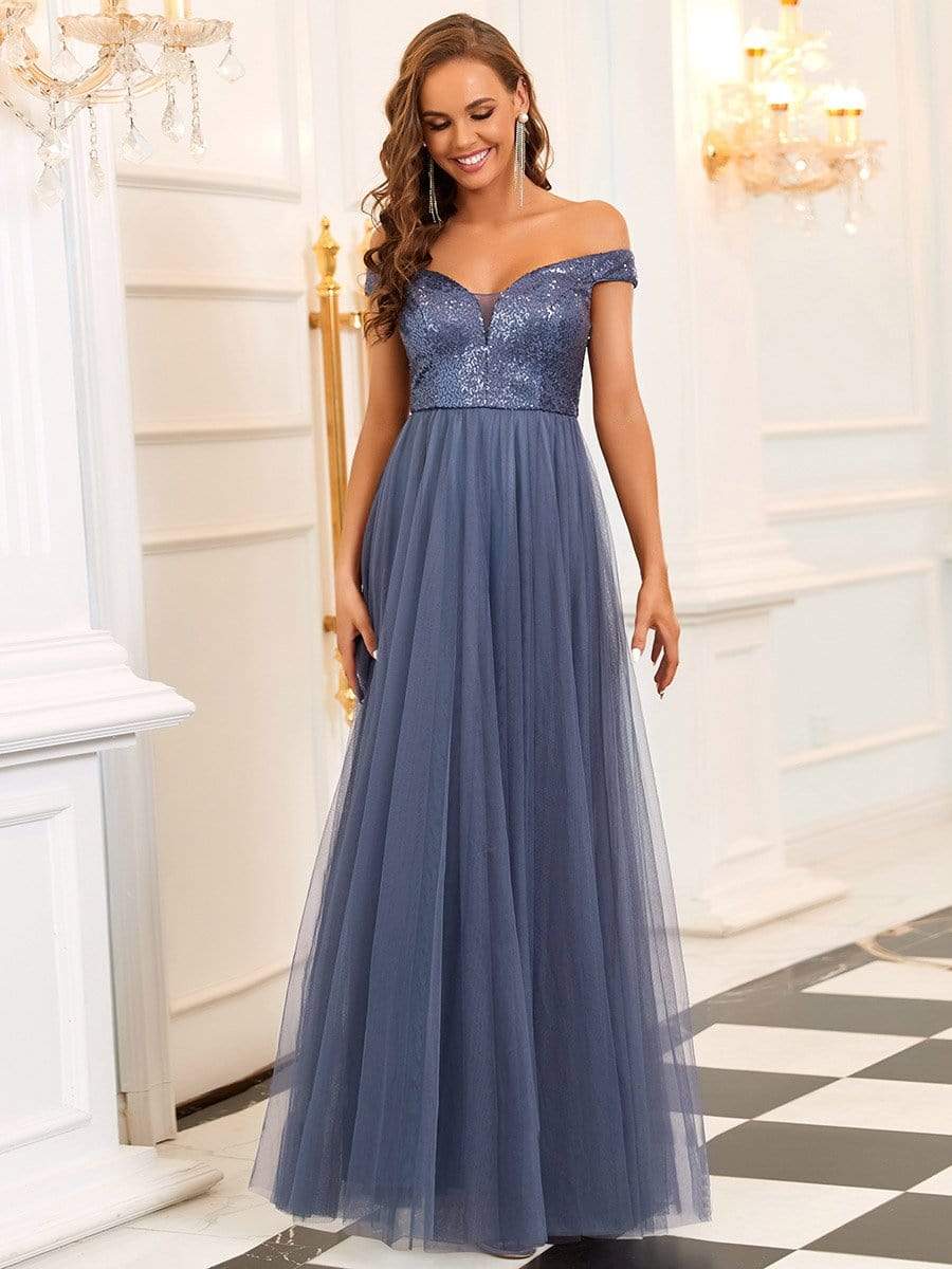 Stunning High Waist Tulle & Sequin Sleevless Evening Dress #color_Dusty Navy