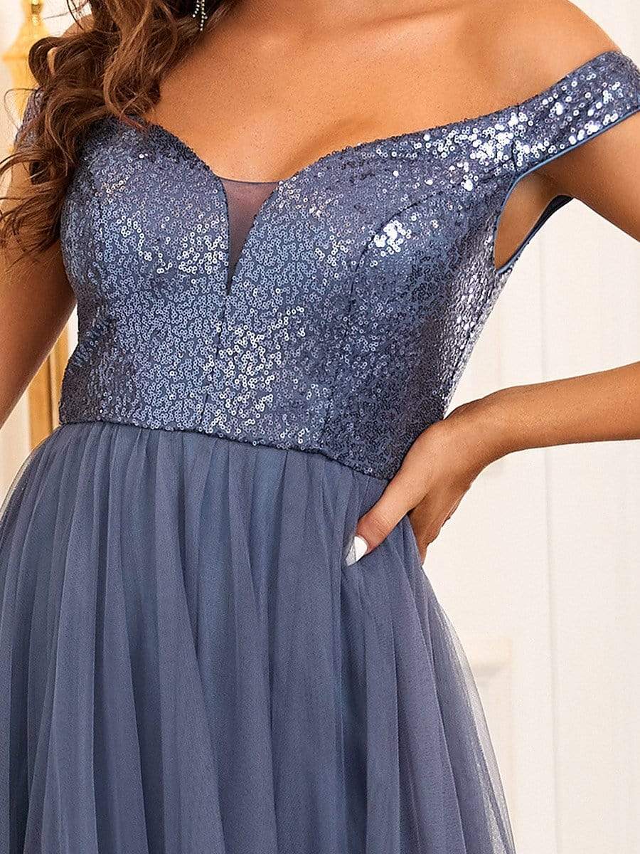 Stunning High Waist Tulle & Sequin Sleevless Evening Dress #color_Dusty Navy