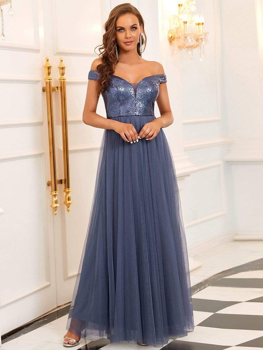 Stunning High Waist Tulle & Sequin Sleevless Evening Dress #color_Dusty Navy