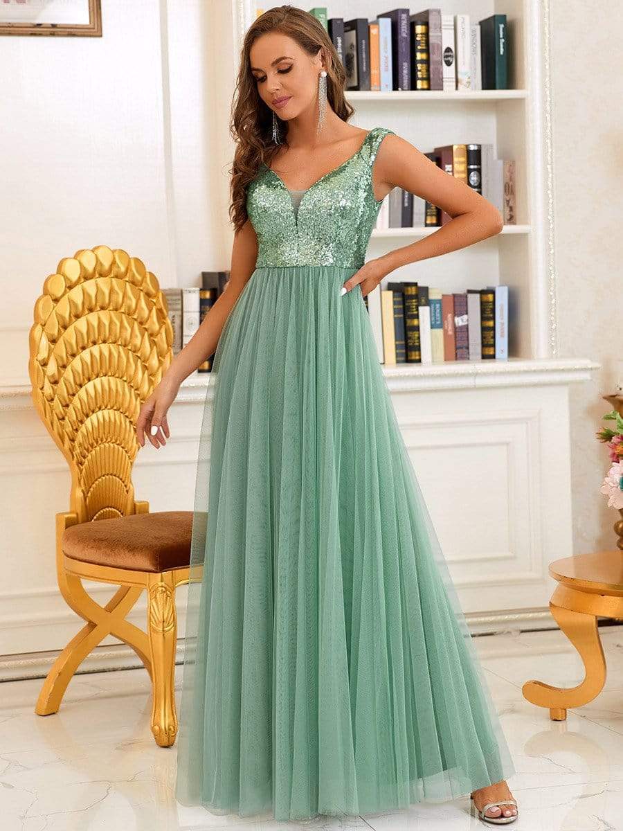 Stunning High Waist Tulle & Sequin Sleevless Evening Dress #color_Green Bean