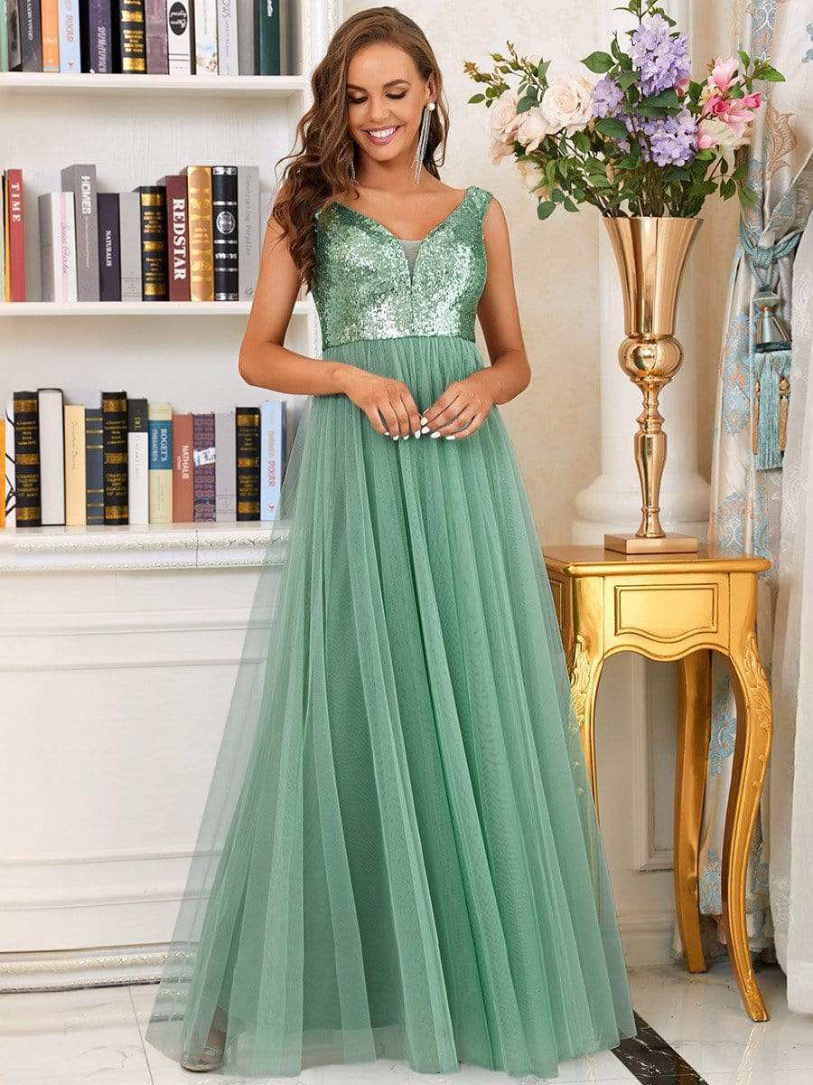 Stunning High Waist Tulle & Sequin Sleevless Evening Dress #color_Green Bean