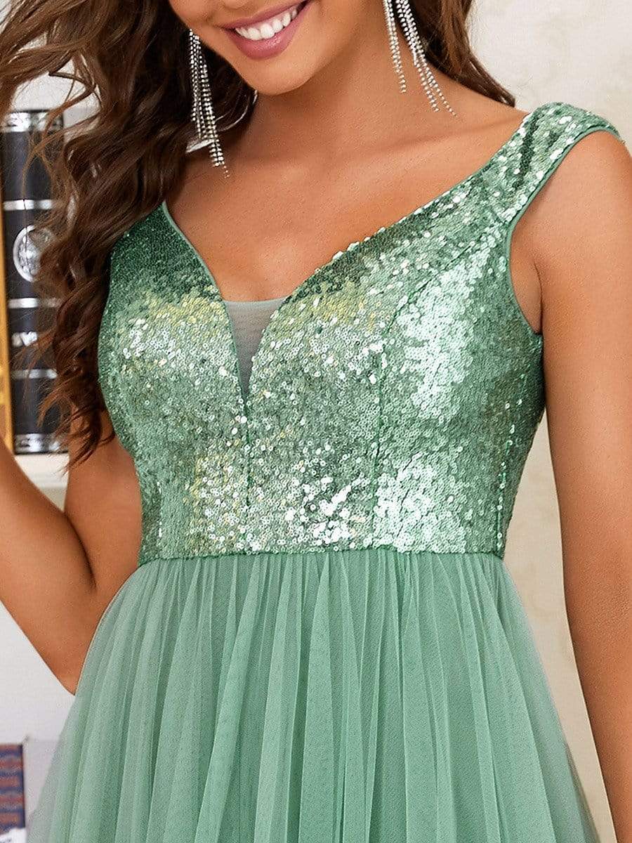 Stunning High Waist Tulle & Sequin Sleevless Evening Dress #color_Green Bean