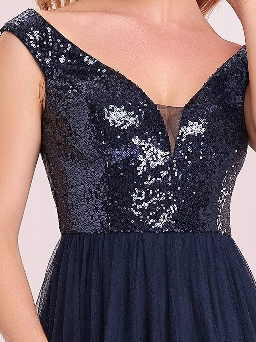 Stunning High Waist Tulle & Sequin Sleevless Evening Dress #color_Navy Blue