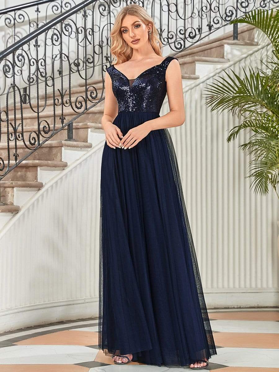 Stunning High Waist Tulle & Sequin Sleevless Evening Dress #color_Navy Blue