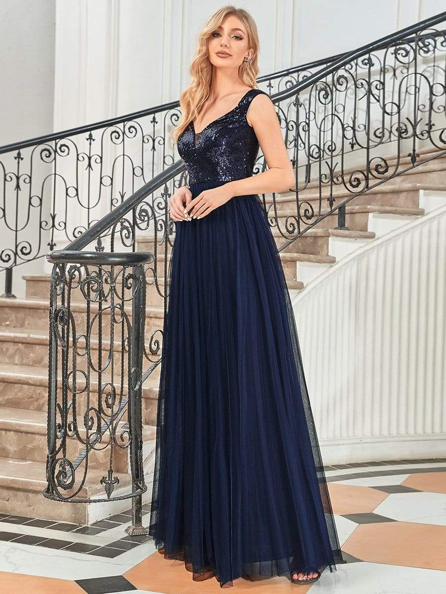 Stunning High Waist Tulle & Sequin Sleevless Evening Dress #color_Navy Blue