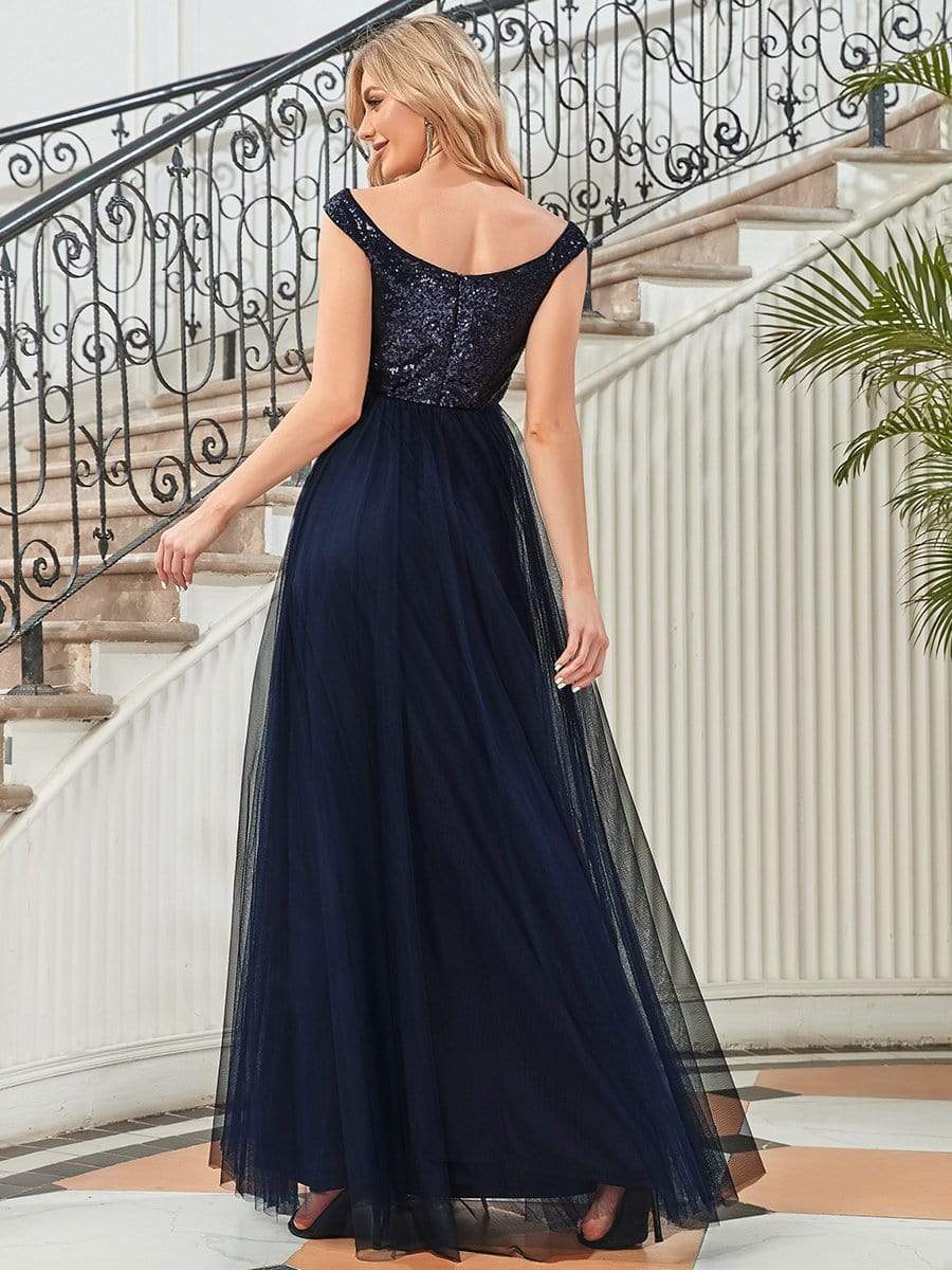 Stunning High Waist Tulle & Sequin Sleevless Evening Dress #color_Navy Blue