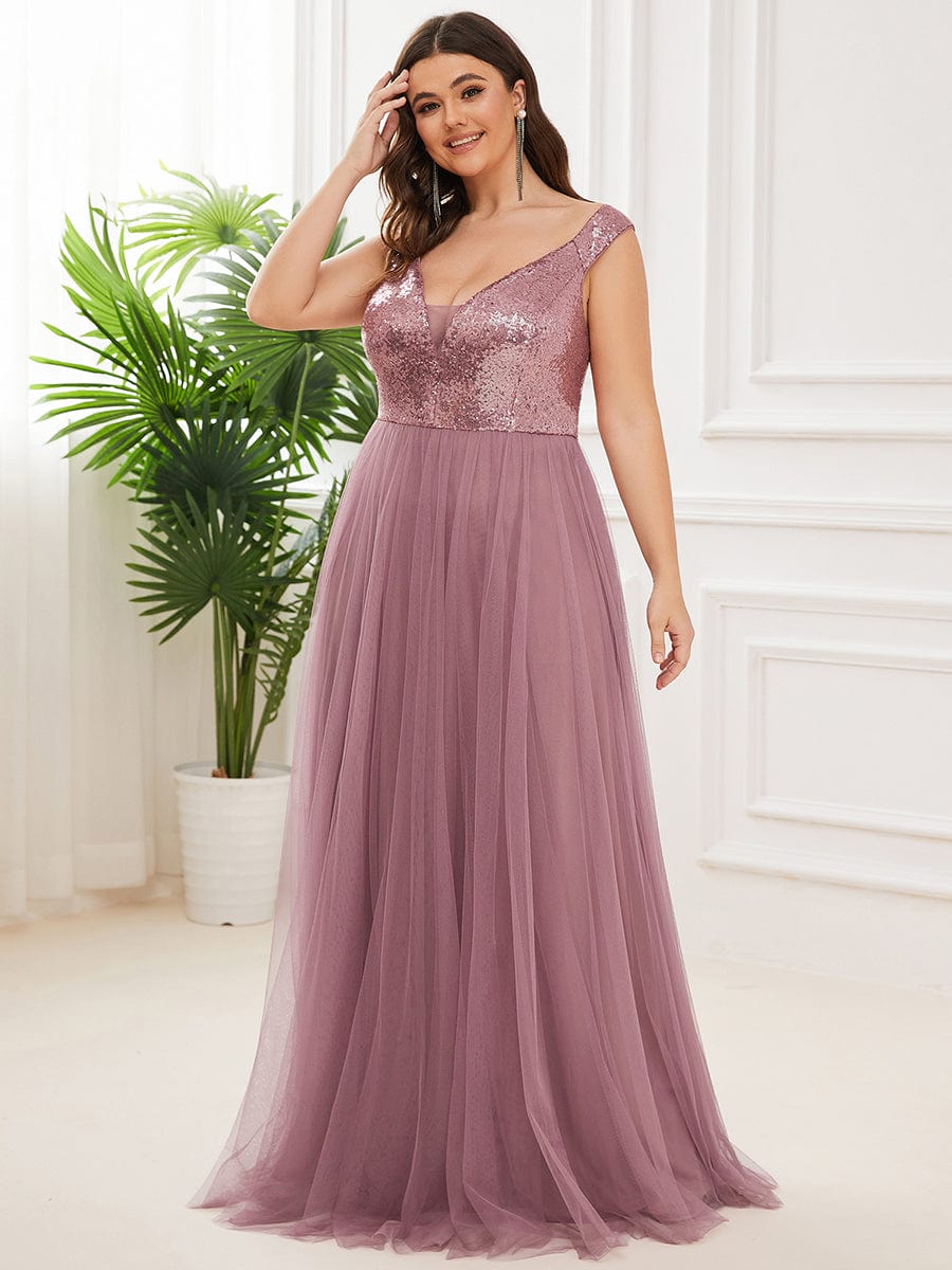 Plus Size Stunning High Waist Tulle & Sequin Sleeveless Evening Dress #color_Purple Orchid