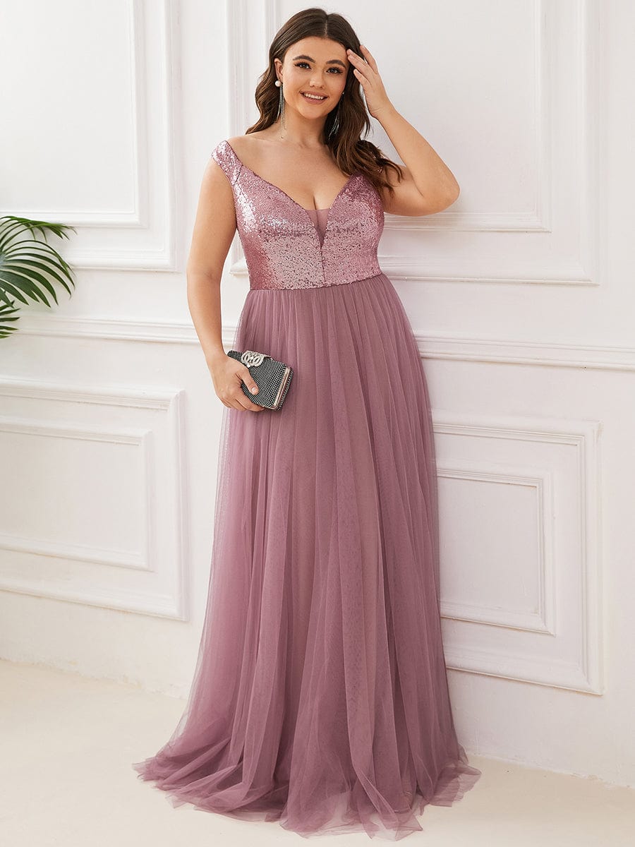 Plus Size Stunning High Waist Tulle & Sequin Sleeveless Evening Dress #color_Purple Orchid