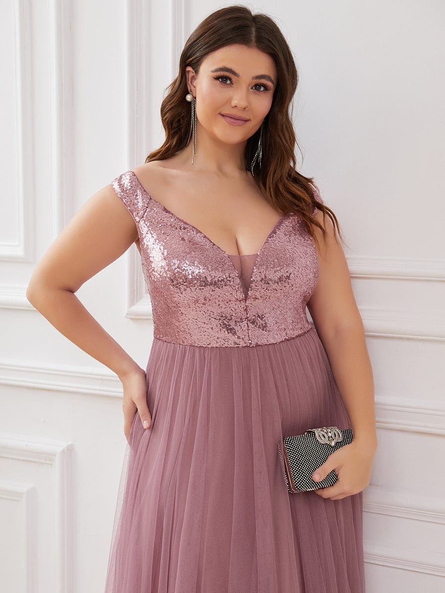 Plus Size Stunning High Waist Tulle & Sequin Sleeveless Evening Dress #color_Purple Orchid