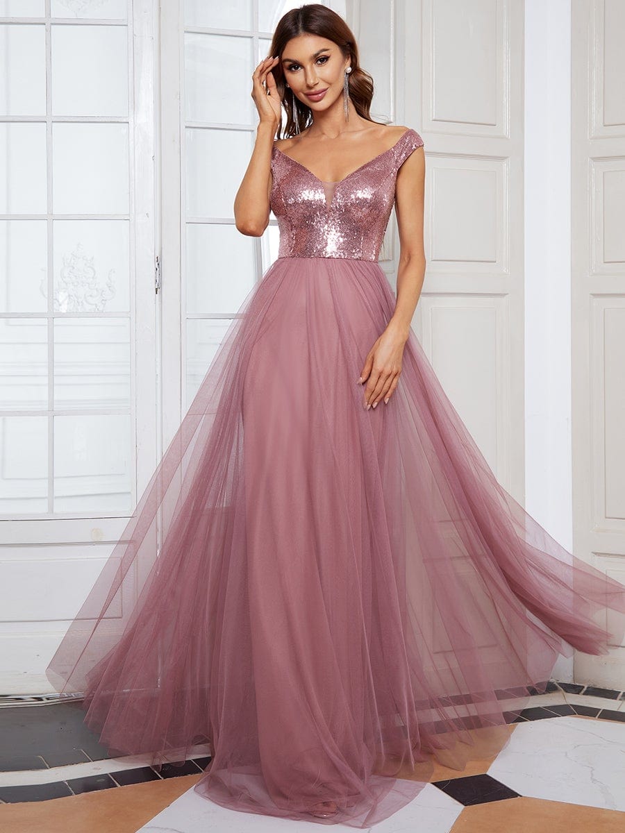 Stunning High Waist Tulle & Sequin Sleevless Evening Dress #color_Purple Orchid