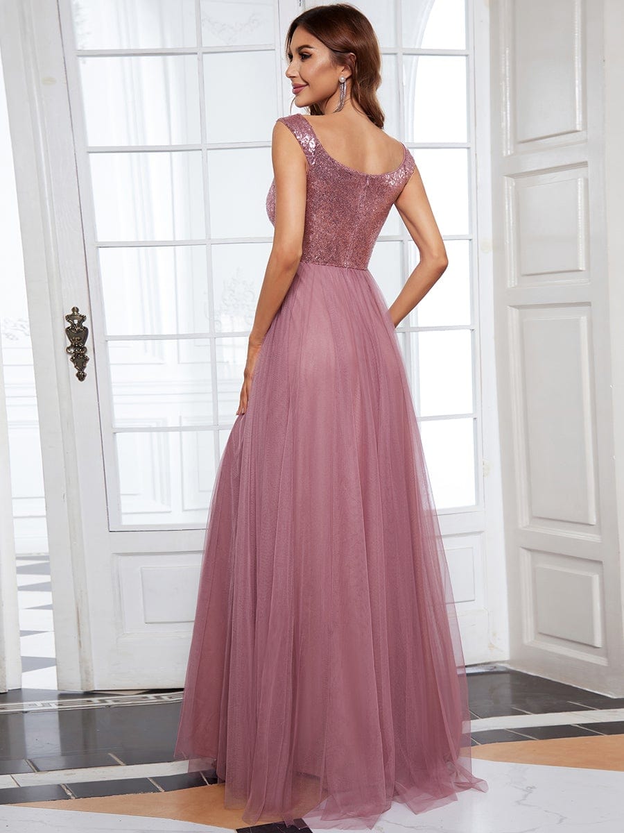 Stunning High Waist Tulle & Sequin Sleevless Evening Dress #color_Purple Orchid