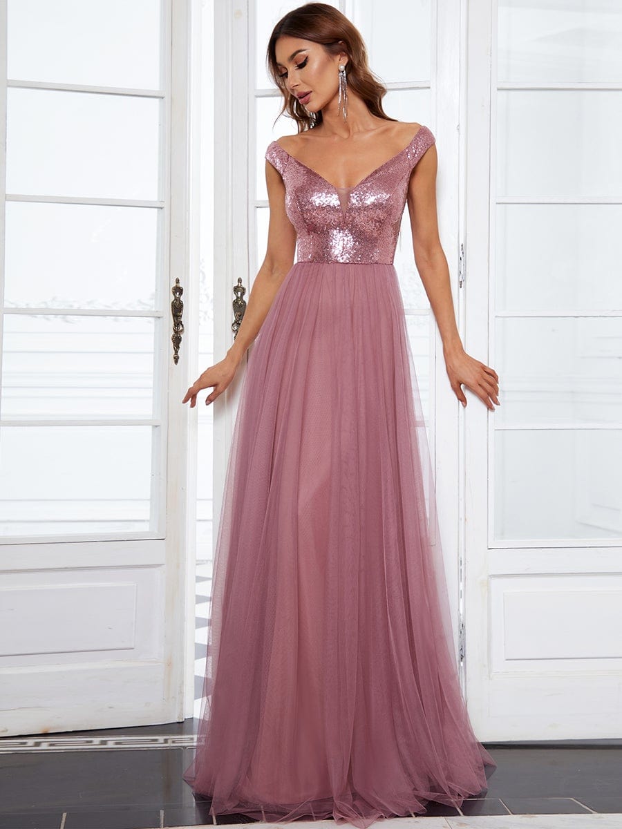 Stunning High Waist Tulle & Sequin Sleevless Evening Dress #color_Purple Orchid