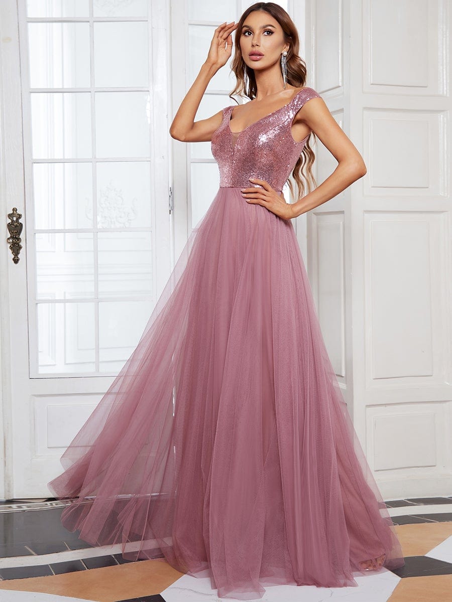 Stunning High Waist Tulle & Sequin Sleevless Evening Dress #color_Purple Orchid