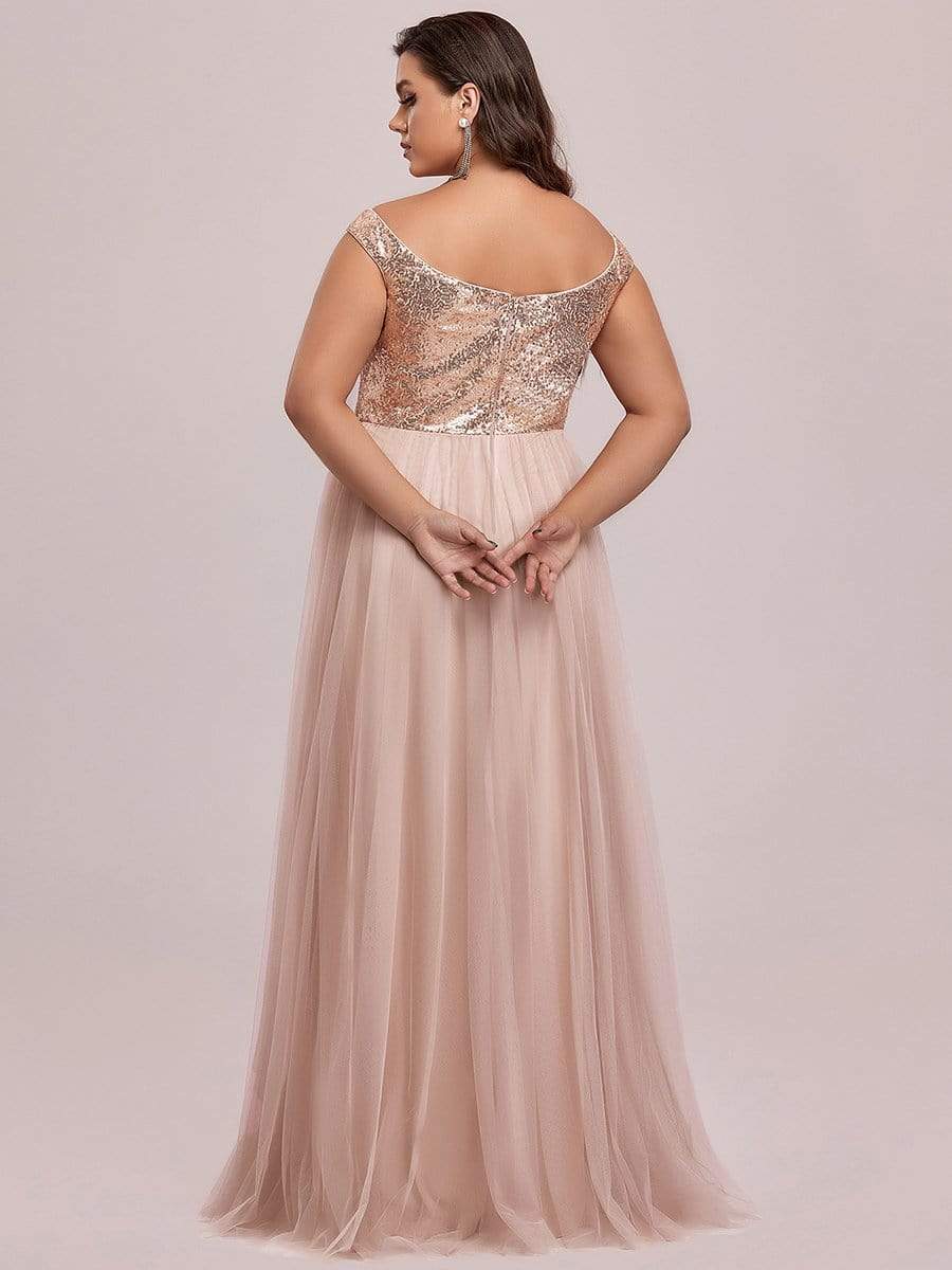 Plus Size Stunning High Waist Tulle & Sequin Sleeveless Evening Dress #color_Rose Gold