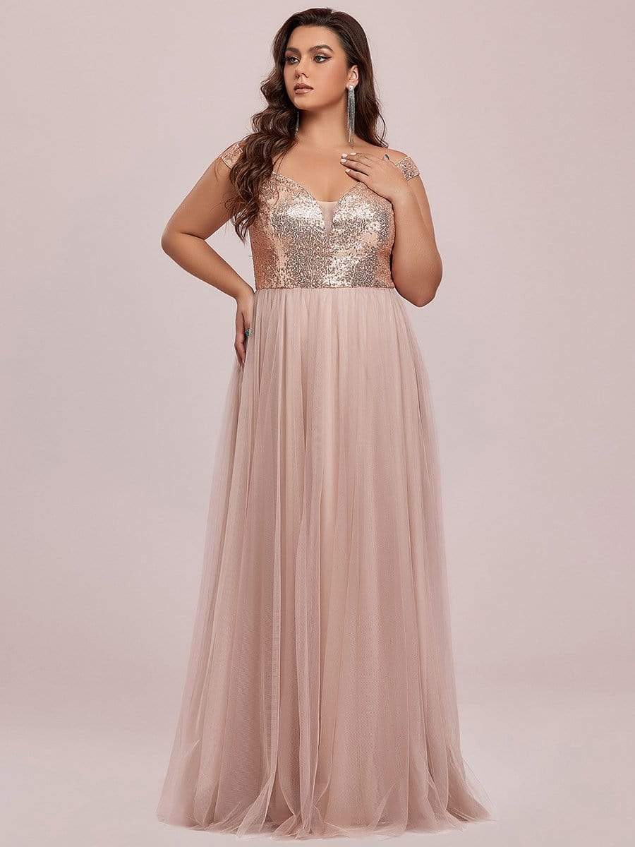 Plus Size Stunning High Waist Tulle & Sequin Sleeveless Evening Dress #color_Rose Gold