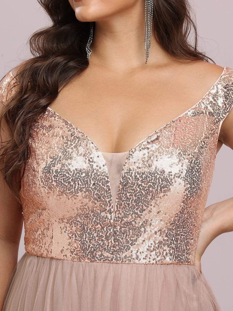 Plus Size Stunning High Waist Tulle & Sequin Sleeveless Evening Dress #color_Rose Gold