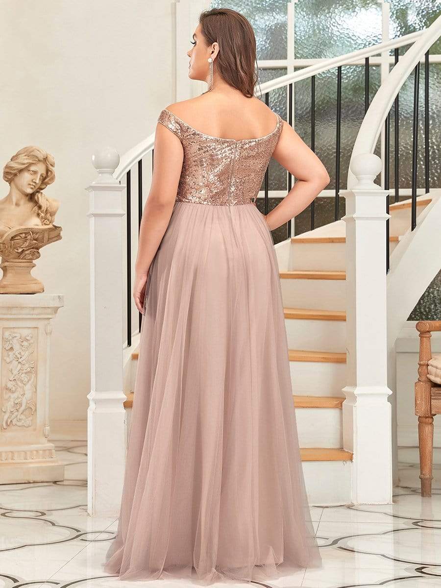 Stunning High Waist Tulle & Sequin Sleevless Evening Dress #color_Rose Gold