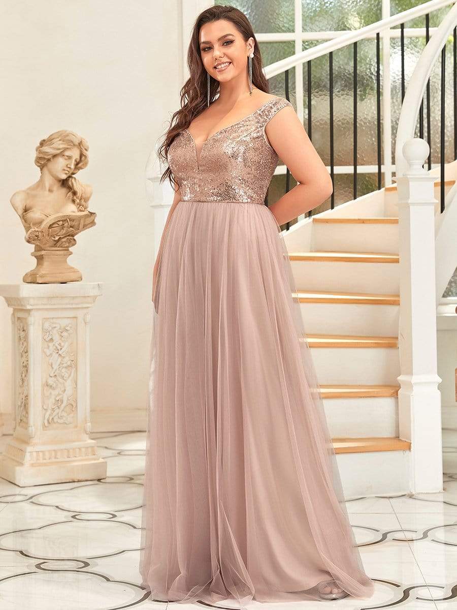 Plus Size Stunning High Waist Tulle & Sequin Sleeveless Evening Dress #color_Rose Gold