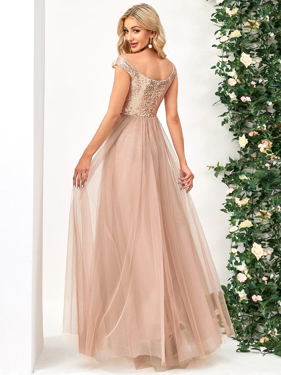 Stunning High Waist Tulle & Sequin Sleevless Evening Dress #color_Rose Gold