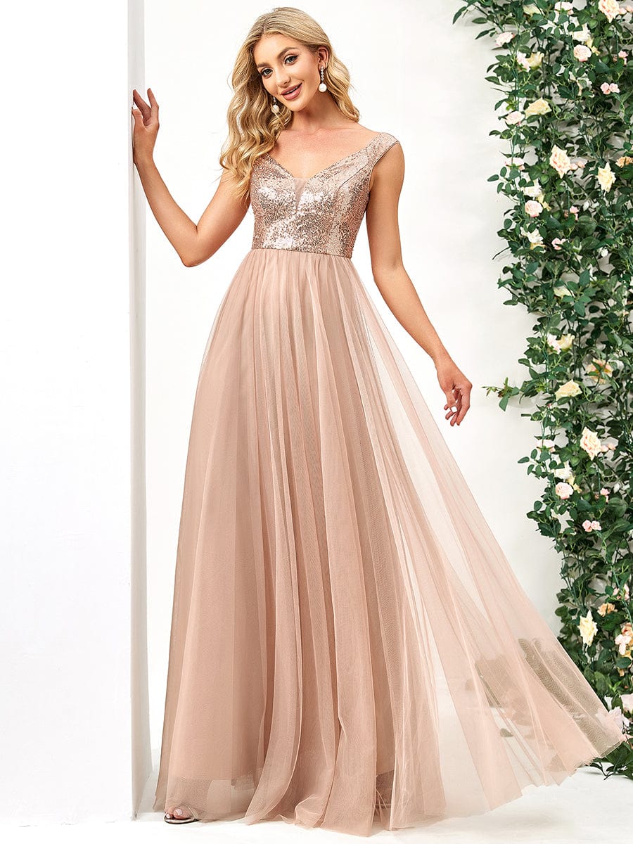 Stunning High Waist Tulle & Sequin Sleevless Evening Dress #color_Rose Gold