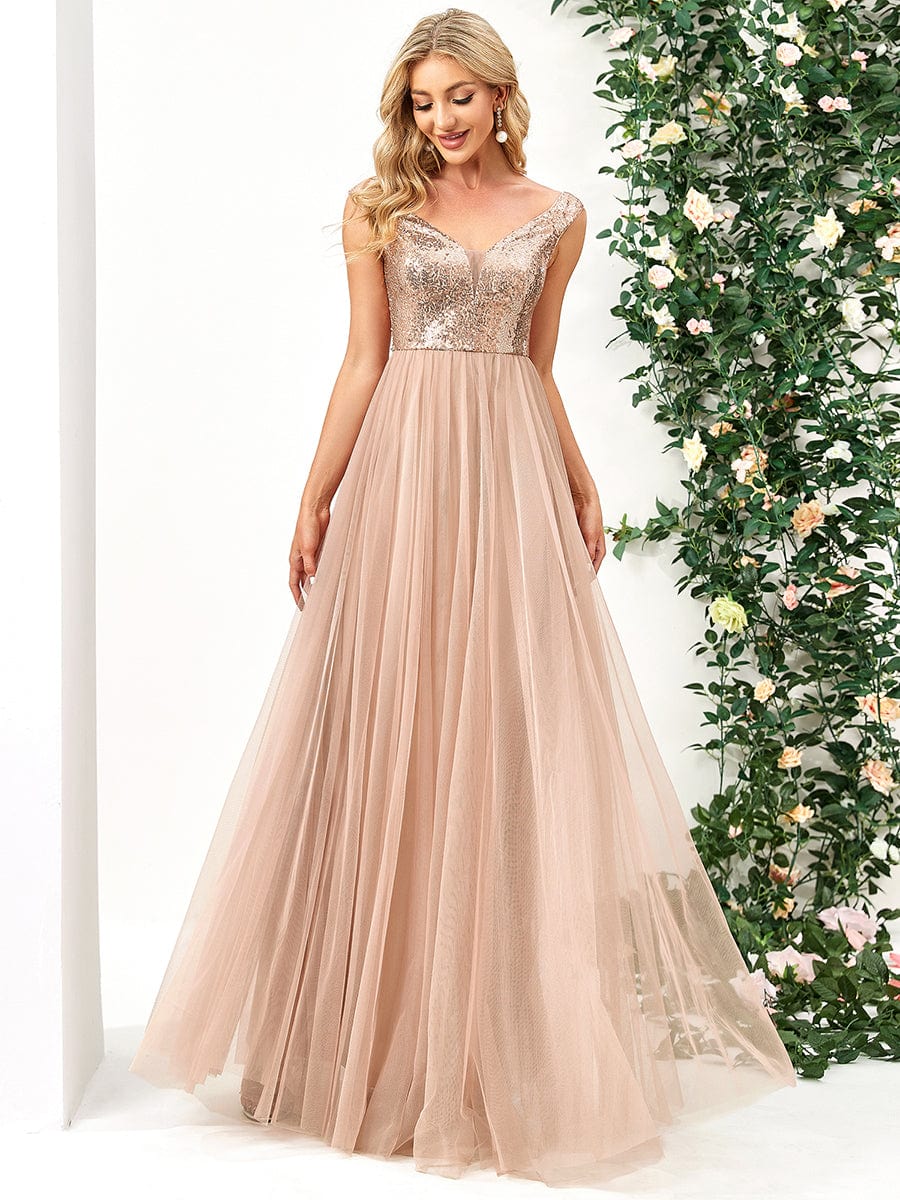 Stunning High Waist Tulle & Sequin Sleevless Evening Dress #color_Rose Gold