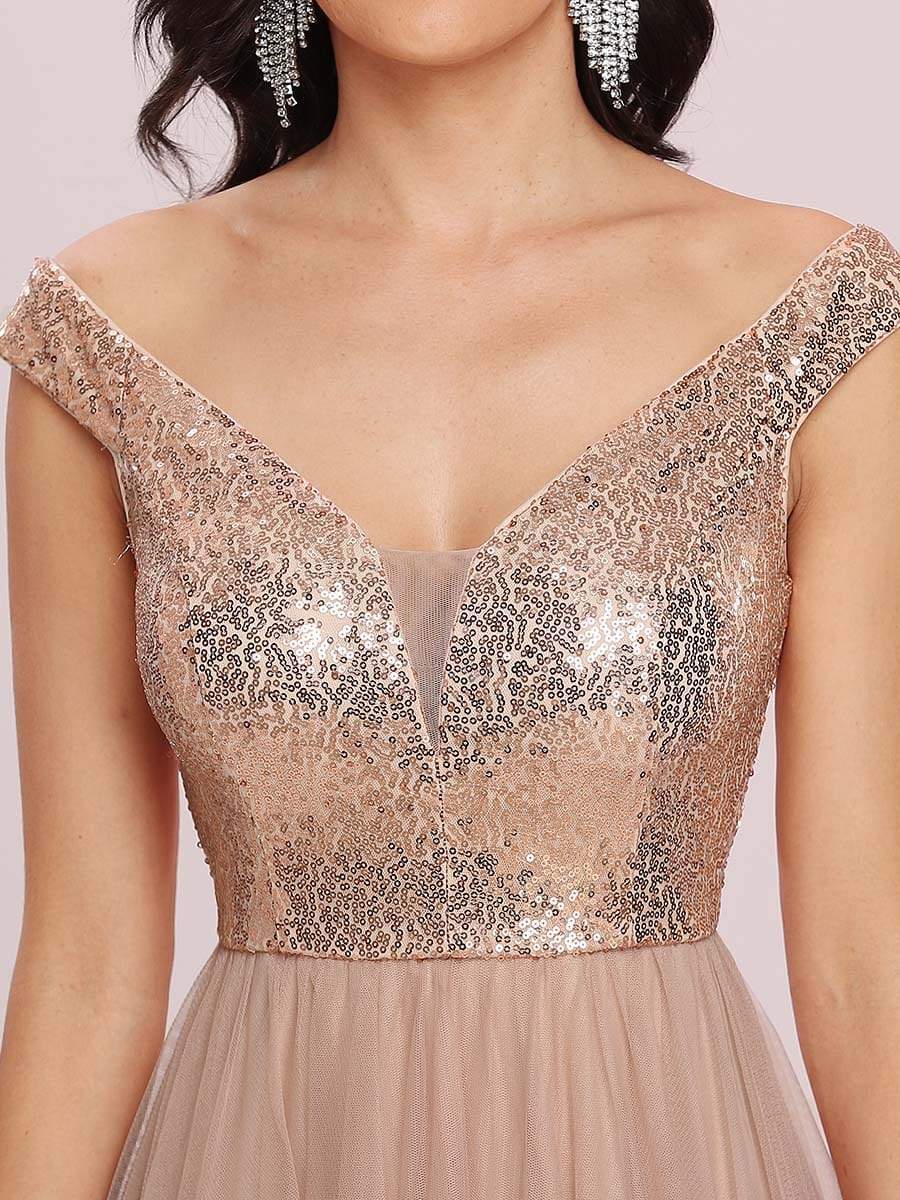 Stunning High Waist Tulle & Sequin Sleevless Evening Dress #color_Rose Gold