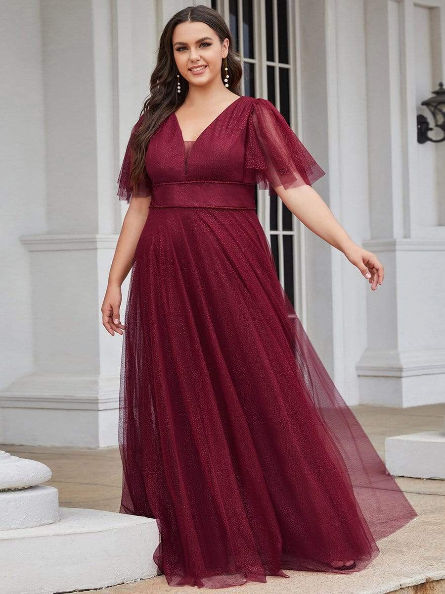 Cute Deep V Neck A-Line Tulle Long Wedding Guest Dress #color_Burgundy