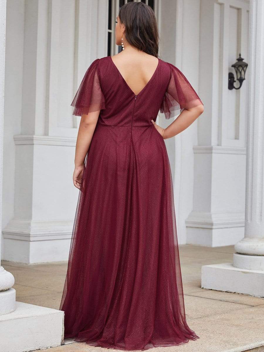 Cute Deep V Neck A-Line Tulle Long Wedding Guest Dress #color_Burgundy