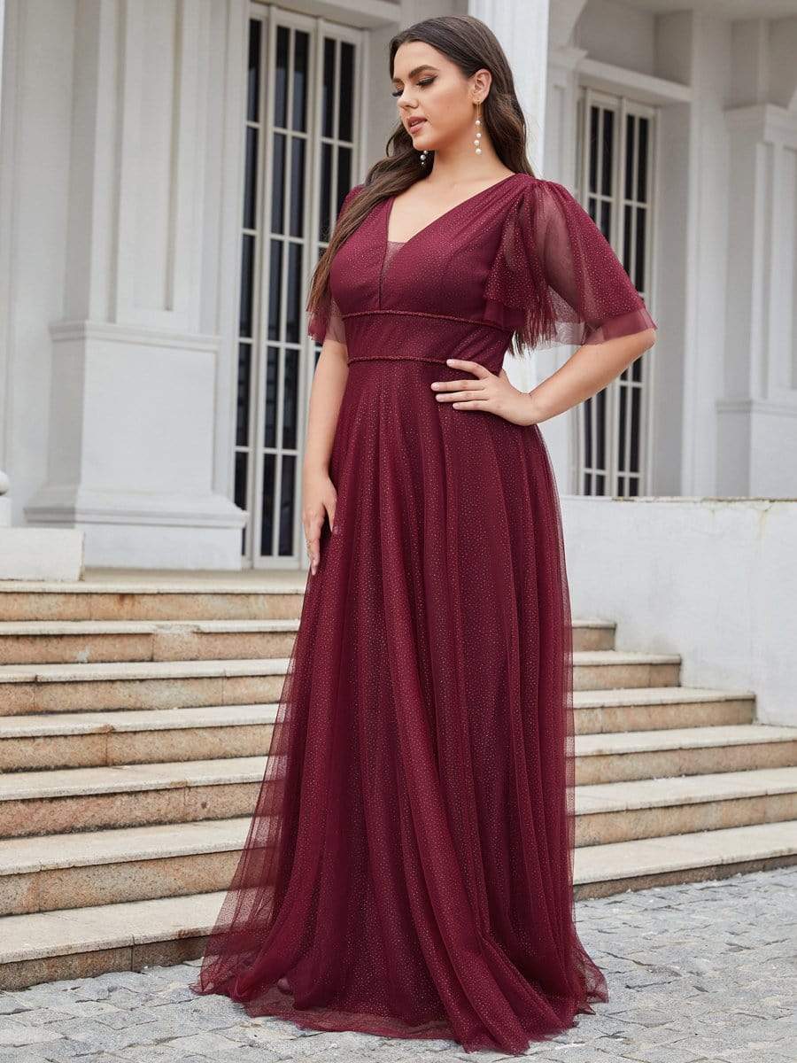 Romantic Plus Size Tulle Evening Dress with Deep V Neck #color_Burgundy