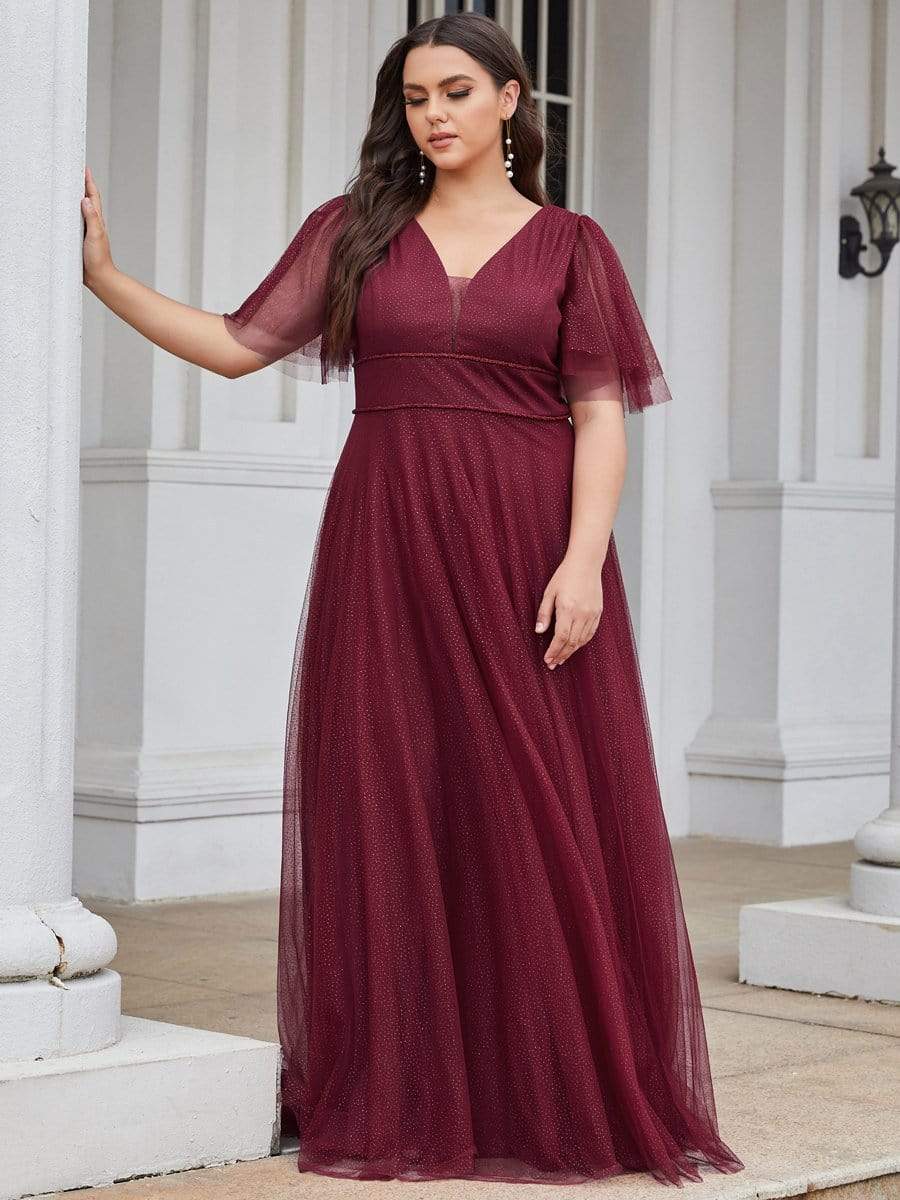 Romantic Plus Size Tulle Evening Dress with Deep V Neck #color_Burgundy