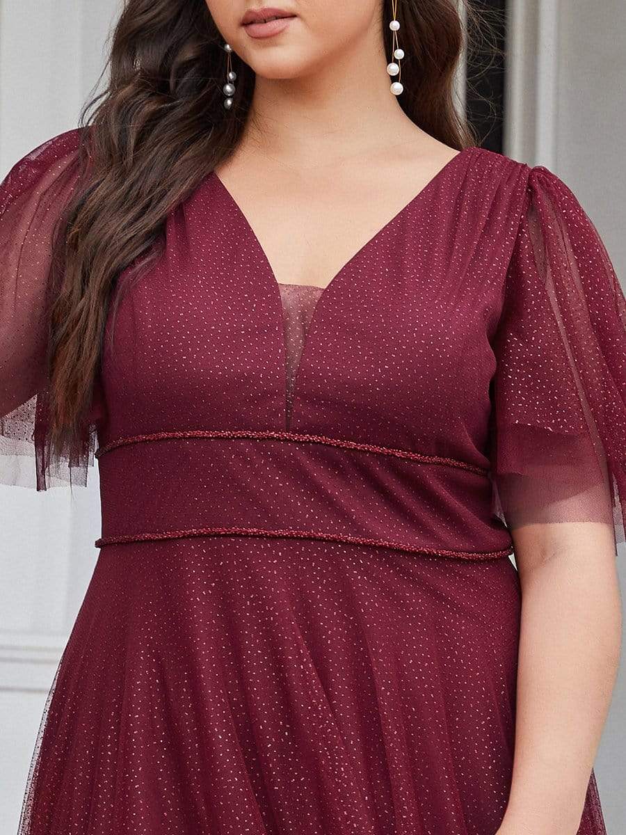 Romantic Plus Size Tulle Evening Dress with Deep V Neck #color_Burgundy