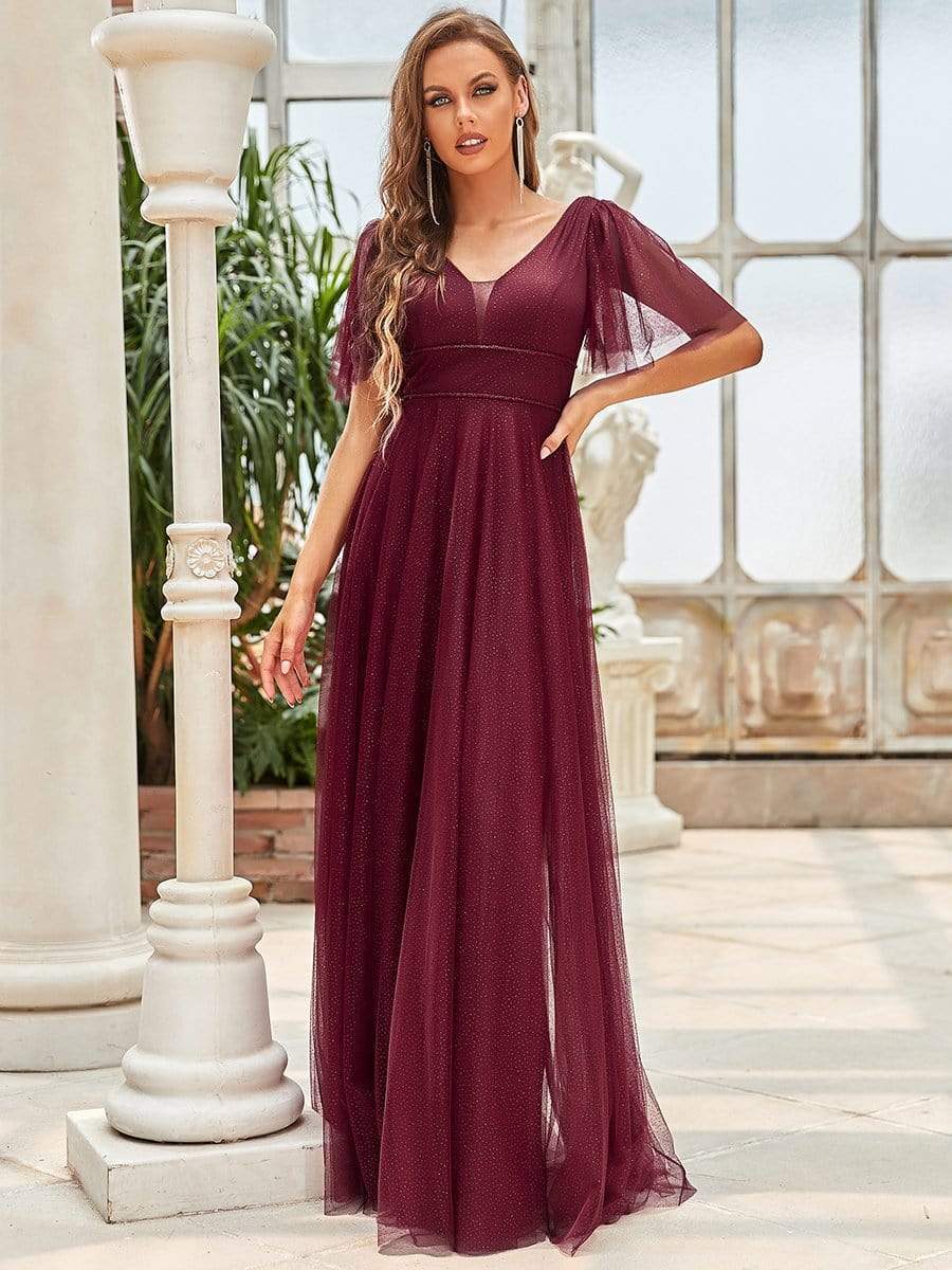 Cute Deep V Neck A-Line Tulle Long Wedding Guest Dress #color_Burgundy